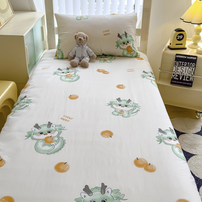 91家纺网 家纺一手货源 找家纺 金鑫汇 2024新款全棉卡通印花学生床垫套床笠系列 小青龙