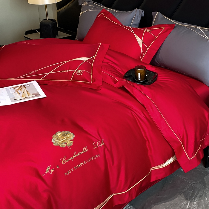 91家纺网 家纺一手货源 找家纺 云雀 2025新款全棉轻奢刺绣线条款四件套 线条-玫瑰红