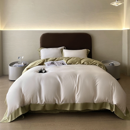 91家纺网 家纺一手货源 找家纺 朵美 2024新款60支兰精天丝纯色撞色系列四件套 米白拼暗金