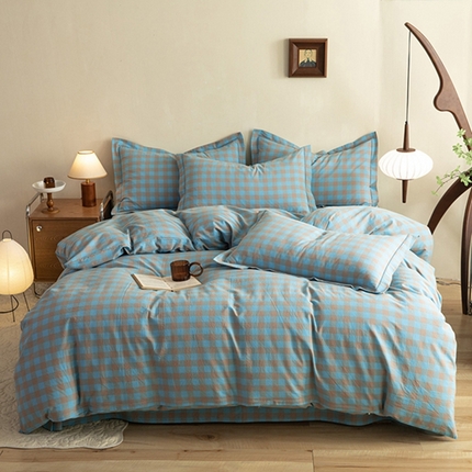 91家纺网 家纺一手货源 找家纺 （总）磨毛世家 新款水洗棉简约格子四件套床品套件