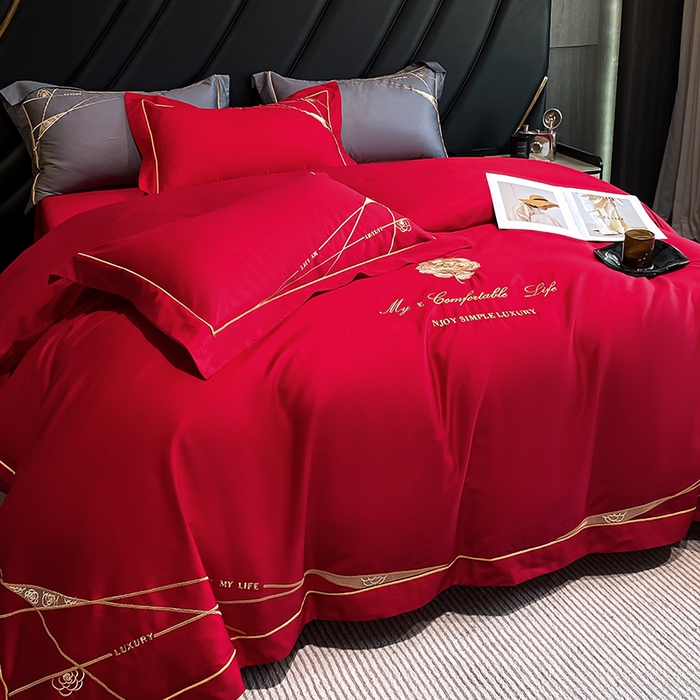 91家纺网 家纺一手货源 找家纺 云雀 2025新款全棉轻奢刺绣线条款四件套 线条-玫瑰红