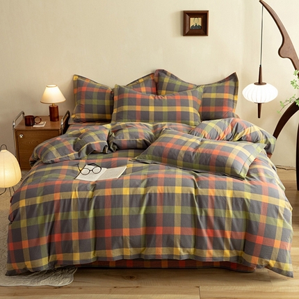 91家纺网 家纺一手货源 找家纺 （总）磨毛世家 新款水洗棉简约格子四件套床品套件