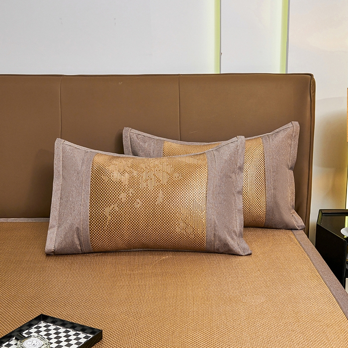 91家纺网 家纺一手货源 找家纺 优姿家纺 2024新款藤王重工刺绣加厚编制冰滕双凉席三件套 咖色