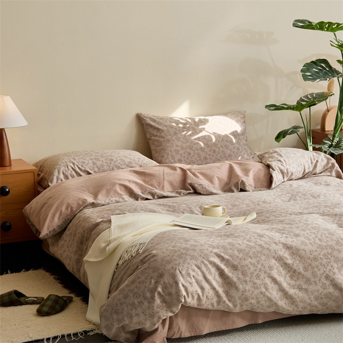 91家纺网 家纺一手货源 找家纺 原研家居 2024新款水洗棉提花系列四件套第二批 繁花-咖