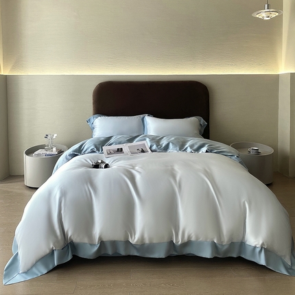 91家纺网 家纺一手货源 找家纺 朵美 2024新款60支兰精天丝纯色撞色系列四件套 天蓝拼瓦蓝