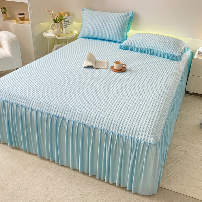 91家纺网 家纺一手货源 找家纺 卡派 2024新款凉豆豆冰丝软床裙 天空蓝