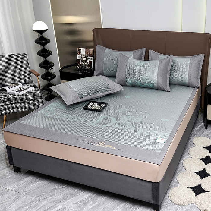 91家纺网 家纺一手货源 找家纺 优姿家纺 2024新款藤王重工刺绣加厚编制冰滕双凉席三件套 绿色