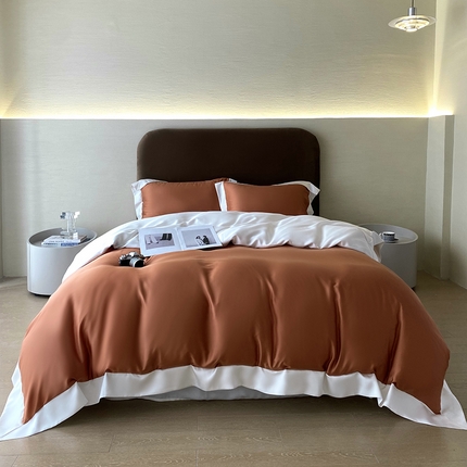 91家纺网 家纺一手货源 找家纺 朵美 2024新款60支兰精天丝纯色撞色系列四件套 栌黄拼钻石白