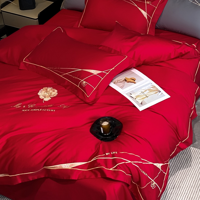 91家纺网 家纺一手货源 找家纺 云雀 2025新款全棉轻奢刺绣线条款四件套 线条-玫瑰红