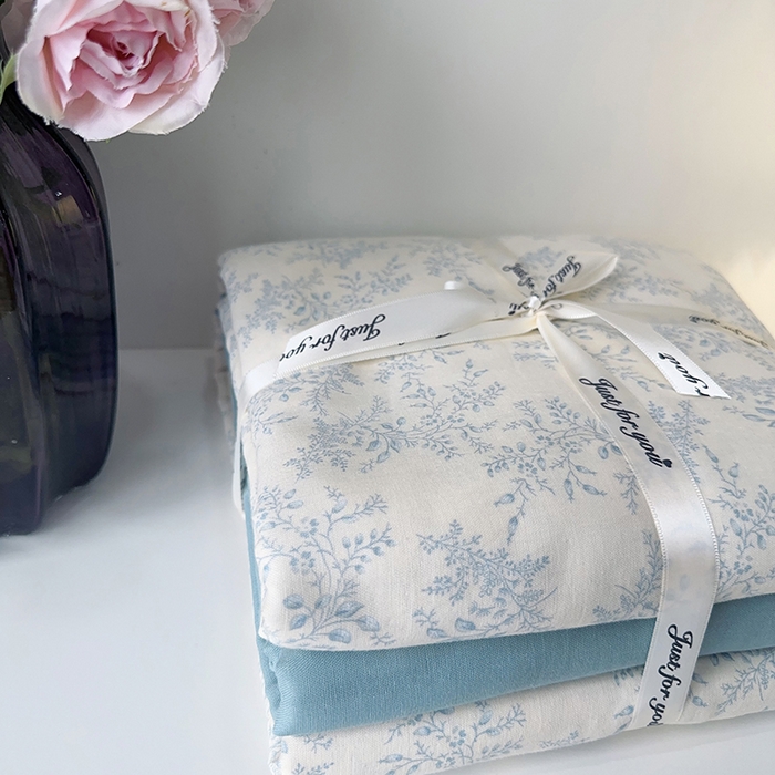 91家纺网 家纺一手货源 找家纺 麦伦家居 2024春夏新品全棉有氧双层纱印花系列四件套（叠拍图） 蓝萱