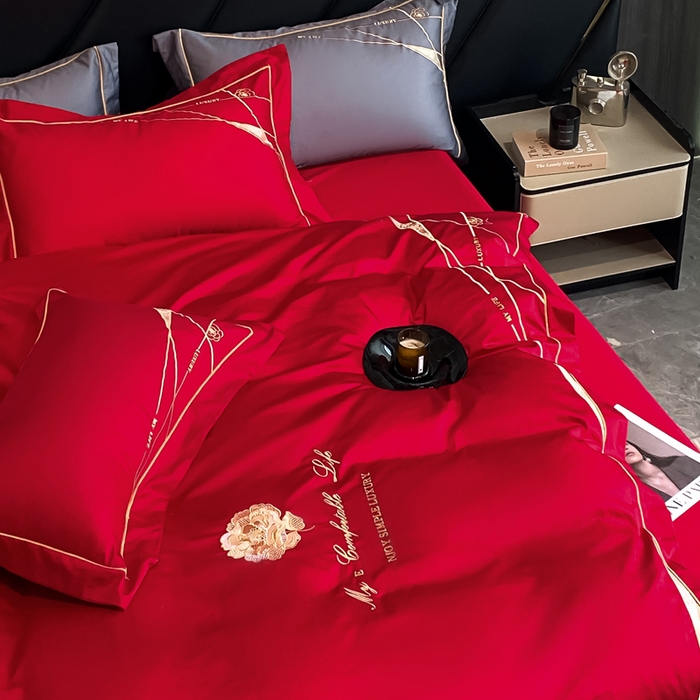 91家纺网 家纺一手货源 找家纺 云雀 2025新款全棉轻奢刺绣线条款四件套 线条-玫瑰红