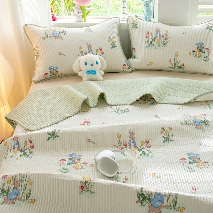 91家纺网 家纺一手货源 找家纺 X猫先生床笠 2025新款全棉床盖床单小清新夹棉床盖炕盖套件跑量款（自然光场景） 花丛兔