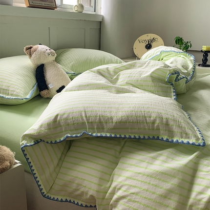 莱茵家居 2024新款A类多巴胺撞色全棉水洗棉四件套荧光绿细条