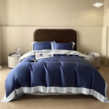 91家纺网 家纺一手货源 找家纺 朵美 2024新款60支兰精天丝纯色撞色系列四件套 卡帝乐蓝拼天蓝