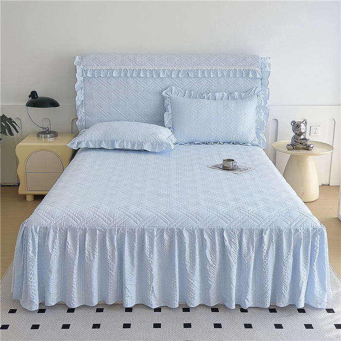 91家纺网 家纺一手货源 找家纺 2024新款亲肤水洗泡泡棉夹棉绗缝床裙款单品及套件 天蓝