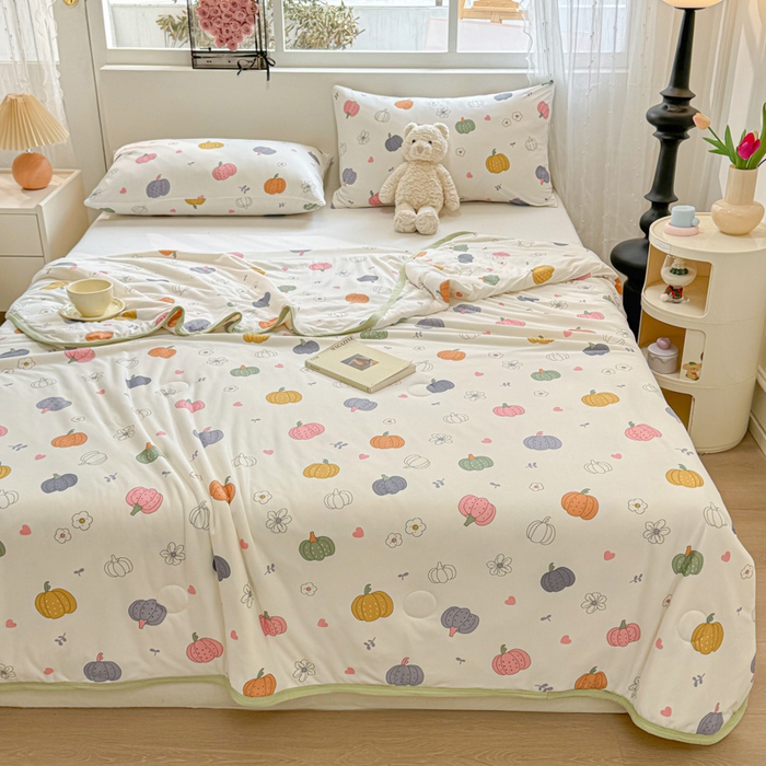 91家纺网 家纺一手货源 找家纺 葡萄家 2024新款A类母婴级大豆纤维牛奶丝针织棉夏凉被 彩色南瓜