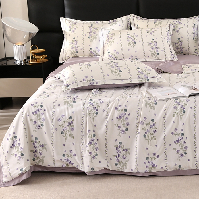 91家纺网 家纺一手货源 找家纺 富之航家纺 2024新款拼角宽边水洗天丝夏被四件套 园艺紫