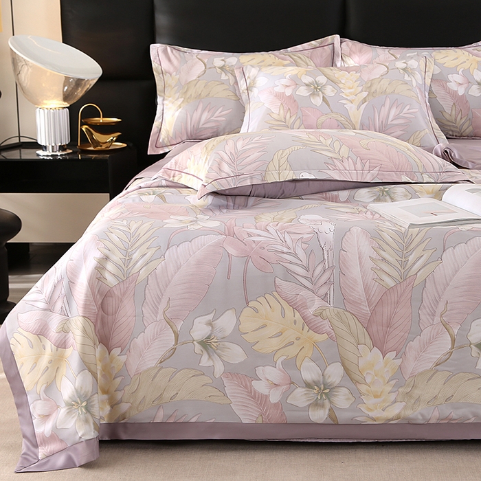 91家纺网 家纺一手货源 找家纺 富之航家纺 2024新款拼角宽边水洗天丝夏被四件套 羽颂紫