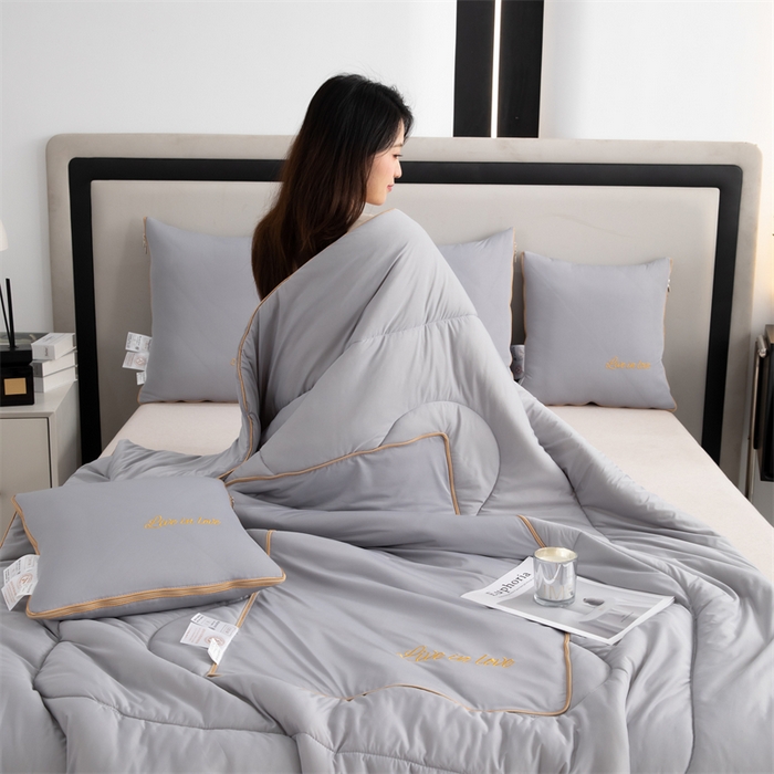 91家纺网 家纺一手货源 找家纺 照世 2024新款凉感丝轻奢抱枕被 天空灰