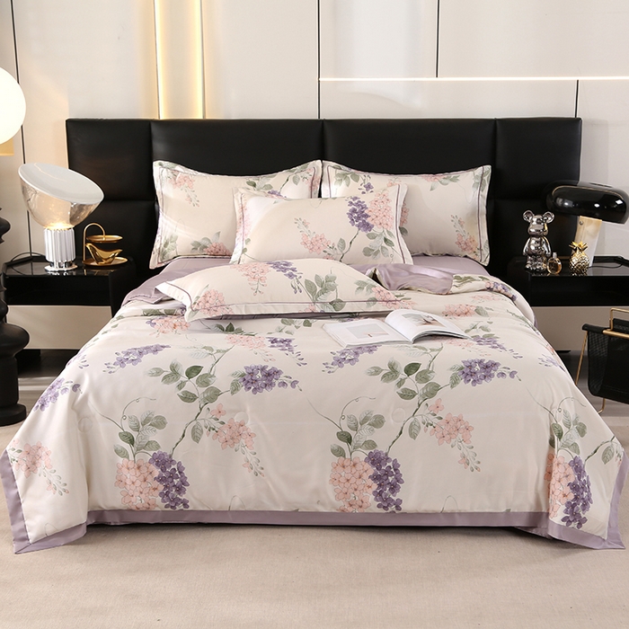 91家纺网 家纺一手货源 找家纺 富之航家纺 2024新款拼角宽边水洗天丝夏被四件套 紫藤花紫