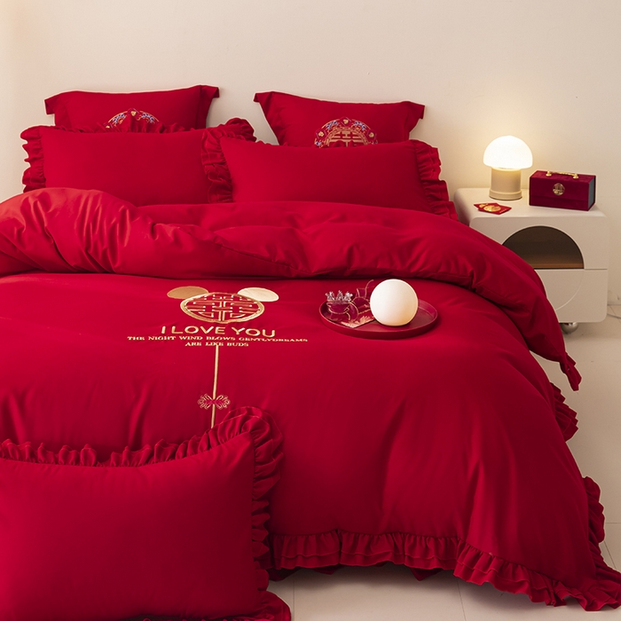 91家纺网 家纺一手货源 找家纺 玉雅家纺 2025新款磨毛时尚花边款床裙婚庆四件套 花边款-爱的故事