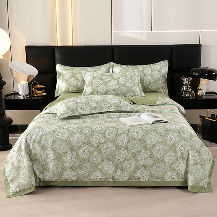 富之航家纺 2024新款拼角宽边水洗天丝夏被四件套 玫瑰绿