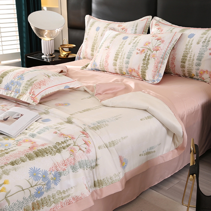 91家纺网 家纺一手货源 找家纺 富之航家纺 2024新款拼角宽边水洗天丝夏被四件套 炫彩