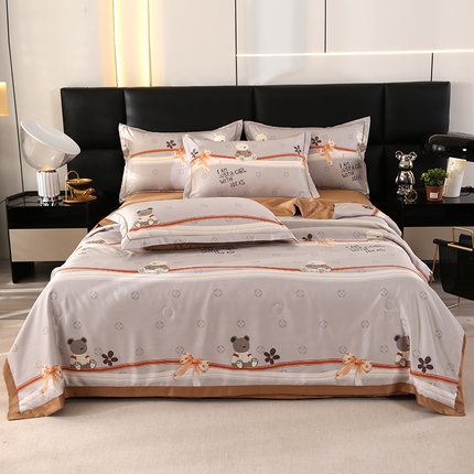 富之航家纺 2024新款拼角宽边水洗天丝夏被四件套 花布熊灰