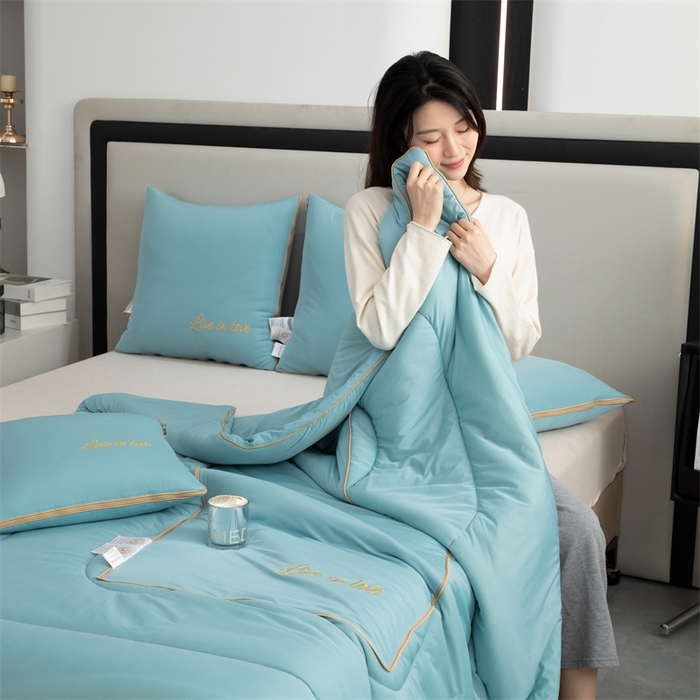 91家纺网 家纺一手货源 找家纺 照世 2024新款凉感丝轻奢抱枕被 云水绿