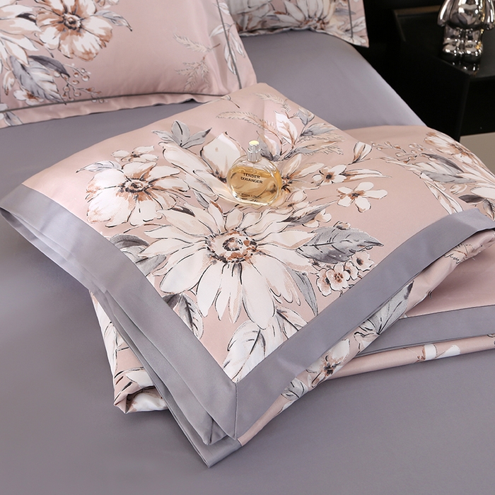 91家纺网 家纺一手货源 找家纺 富之航家纺 2024新款拼角宽边水洗天丝夏被四件套 花悦吟粉