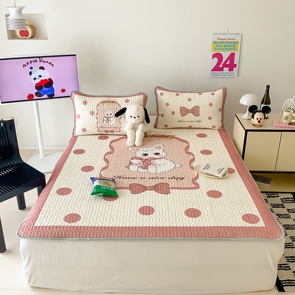 91家纺网 家纺一手货源 找家纺 顾里家纺 顾里家纺 2024新款凉感丝数码印花INS风大版凉席三件套 波点猫咪