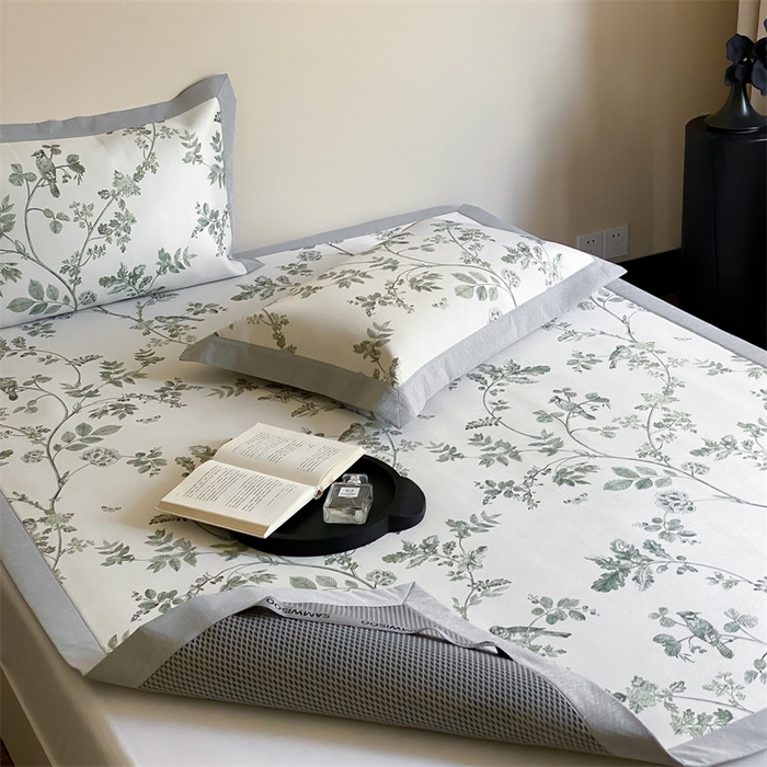 91家纺网 家纺一手货源 找家纺 三味舒屋 2026新款凉感抗菌防螨印花冰丝养生席手绘系列【花卉】床席款 枝晓绿