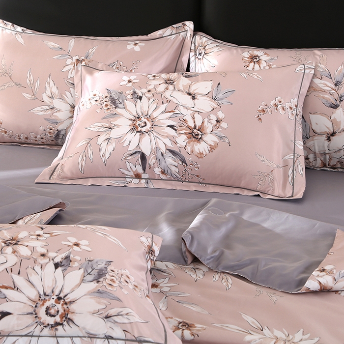 91家纺网 家纺一手货源 找家纺 富之航家纺 2024新款拼角宽边水洗天丝夏被四件套 花悦吟粉