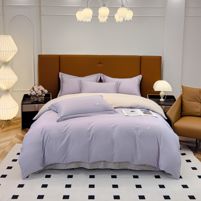 91家纺网 家纺一手货源 找家纺 U品汇 2024新品60S支贡缎长绒棉刺绣花四件套AB版纯棉全棉4件套100%棉 爱莎-浅魅紫