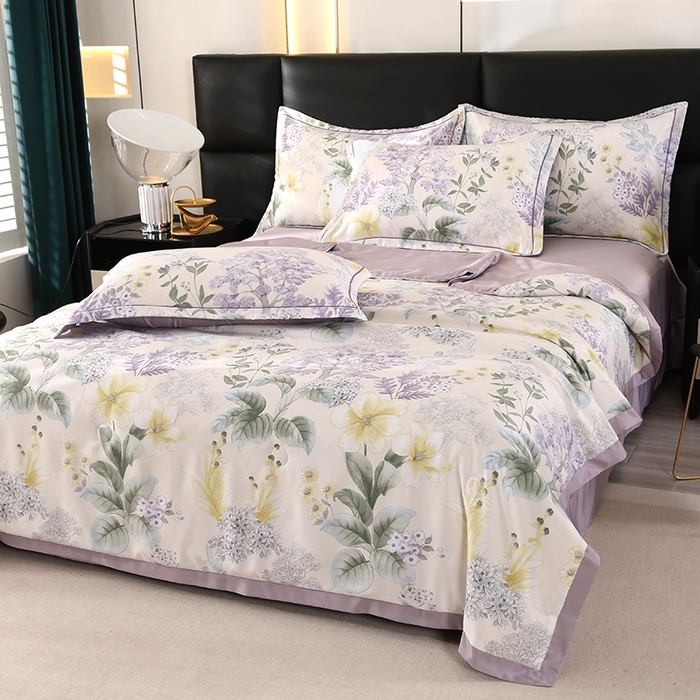 91家纺网 家纺一手货源 找家纺 富之航家纺 2024新款拼角宽边水洗天丝夏被四件套 叶知秋咖