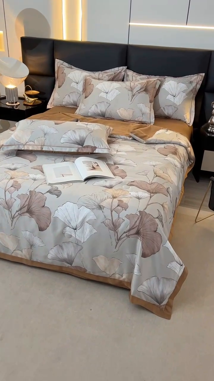 91家纺网 家纺一手货源 找家纺 富之航家纺 2024新款拼角宽边水洗天丝夏被四件套 盛夏-可可棕