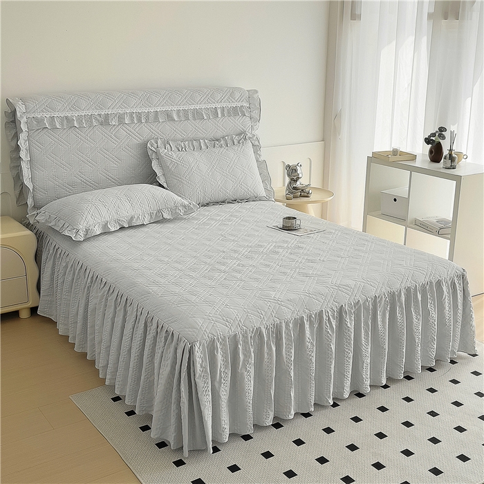 91家纺网 家纺一手货源 找家纺 2024新款亲肤水洗泡泡棉夹棉绗缝床裙款单品及套件 银灰