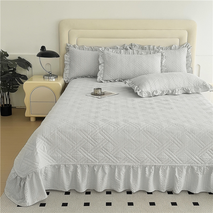 91家纺网 家纺一手货源 找家纺 十个点 2024新款软糯舒适水洗泡泡棉夹棉床盖款单品及套件 银灰