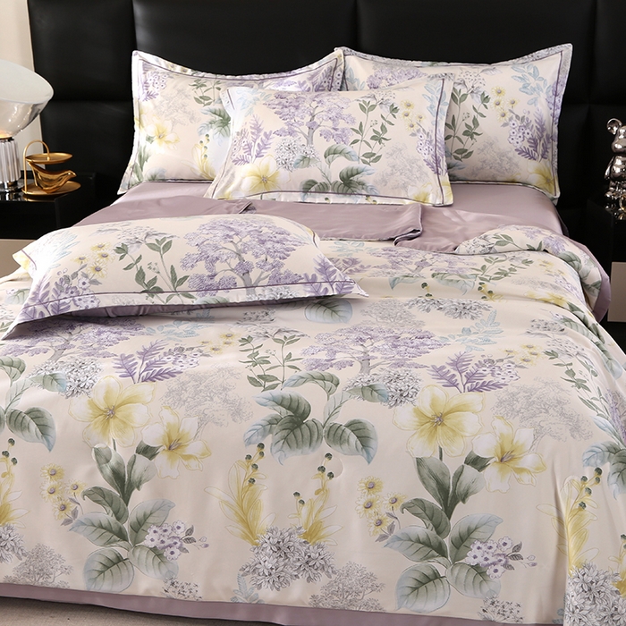 91家纺网 家纺一手货源 找家纺 富之航家纺 2024新款拼角宽边水洗天丝夏被四件套 叶知秋咖