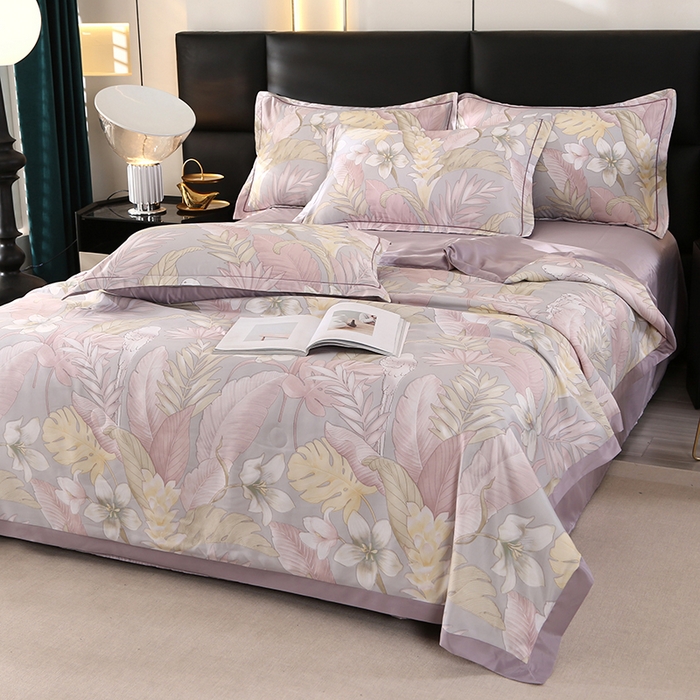 91家纺网 家纺一手货源 找家纺 富之航家纺 2024新款拼角宽边水洗天丝夏被四件套 羽颂紫