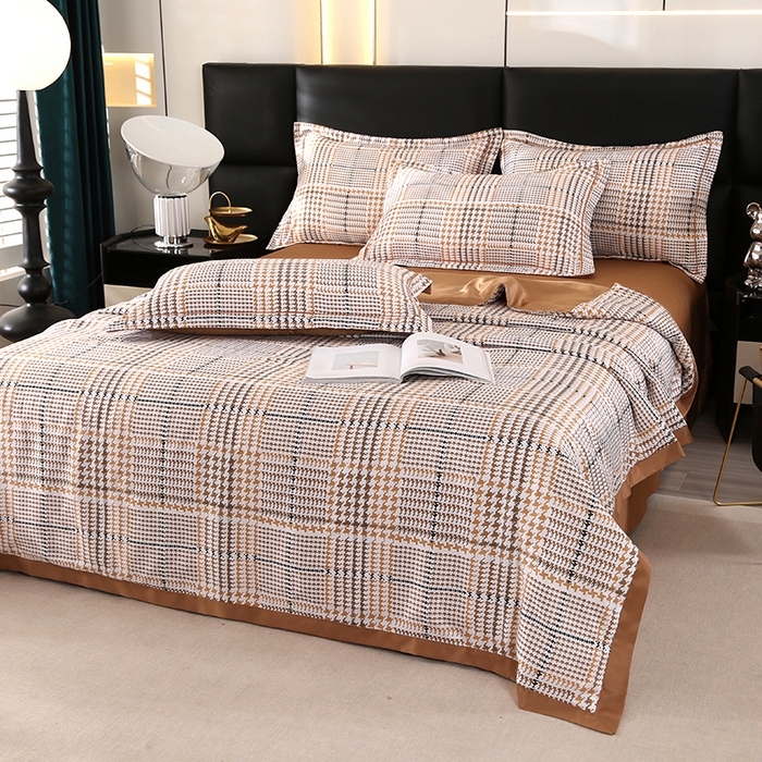 91家纺网 家纺一手货源 找家纺 富之航家纺 2024新款拼角宽边水洗天丝夏被四件套 约克-可可棕