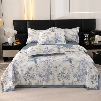 富之航家纺 2024新款拼角宽边水洗天丝夏被四件套 玉茗春浅米