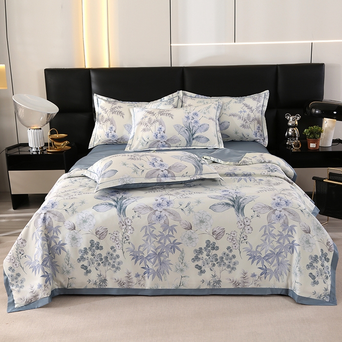 91家纺网 家纺一手货源 找家纺 富之航家纺 2024新款拼角宽边水洗天丝夏被四件套 玉茗春浅米