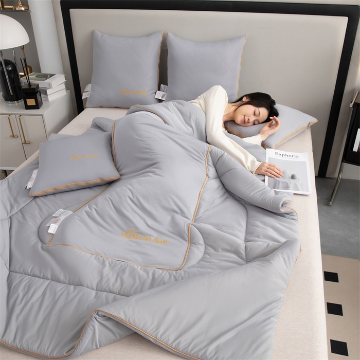 91家纺网 家纺一手货源 找家纺 照世 2024新款凉感丝轻奢抱枕被 天空灰