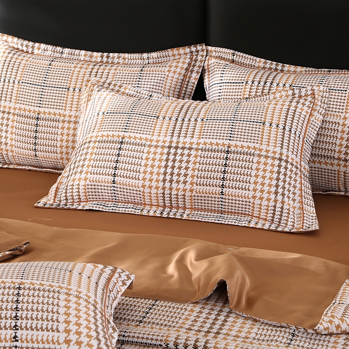 91家纺网 家纺一手货源 找家纺 富之航家纺 2024新款拼角宽边水洗天丝夏被四件套 约克-可可棕