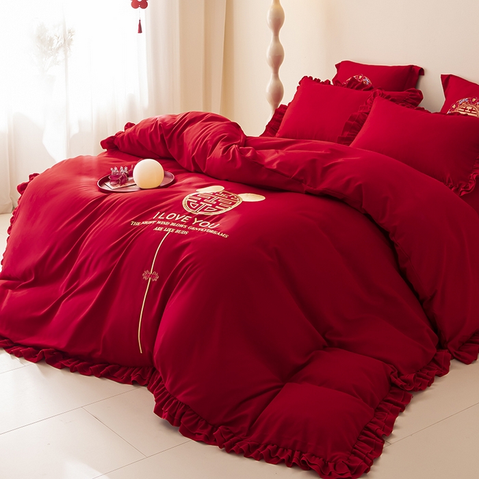 91家纺网 家纺一手货源 找家纺 玉雅家纺 2025新款磨毛时尚花边款床裙婚庆四件套 花边款-爱的故事