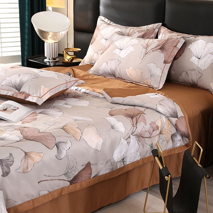 91家纺网 家纺一手货源 找家纺 富之航家纺 2024新款拼角宽边水洗天丝夏被四件套 盛夏-可可棕