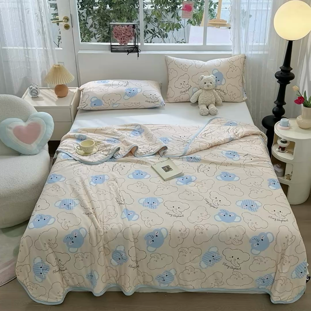 91家纺网 家纺一手货源 找家纺 葡萄家 2024新款A类母婴级大豆纤维牛奶丝针织棉夏凉被 蓝色小象