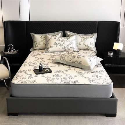 91家纺网 家纺一手货源 找家纺 （总）三味舒屋 2025新款凉感抗菌防螨印花冰丝养生席手绘系列【花卉】床笠款