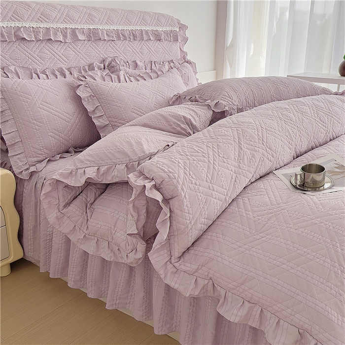 91家纺网 家纺一手货源 找家纺 十个点 2024新款亲肤水洗泡泡棉夹棉绗缝床裙款单品及套件 豆沙